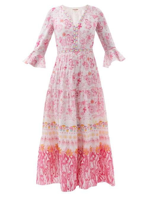 Emporio Sirenuse - Bella Magic Mushroom-print Cotton-voile Maxi Dress - Womens - Pink Print
