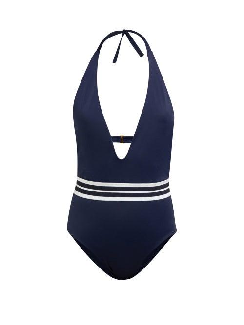 Matchesfashion.com Odyssee - Romain Striped Waist Halterneck Swimsuit - Womens - Navy