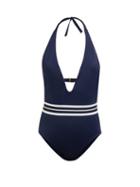 Matchesfashion.com Odyssee - Romain Striped Waist Halterneck Swimsuit - Womens - Navy
