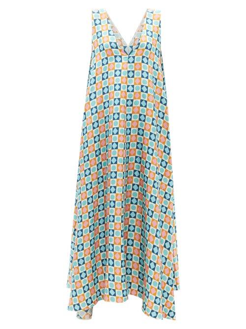 Ladies Beachwear La Doublej - Tent Diamond Dots-print Silk-twill Maxi Dress - Womens - Yellow Print
