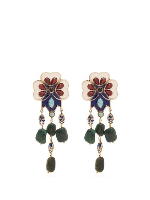 Matchesfashion.com Etro - Floral Bead Embellished Drop Clip On Earrings - Womens - Green