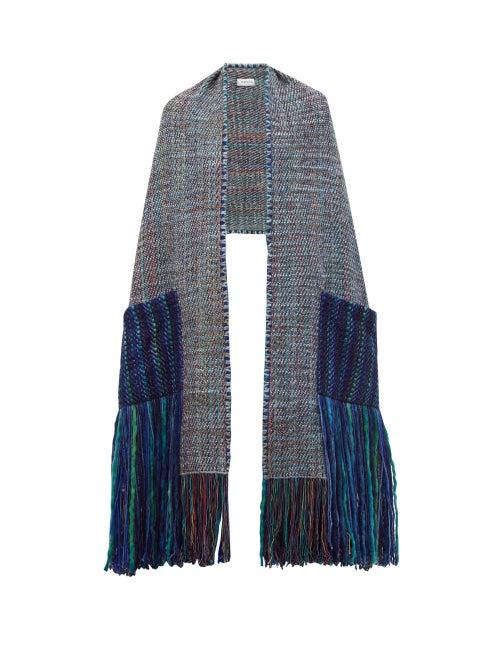 Matchesfashion.com Wehve - Alma Fringed Pocket Merino Wool Blend Scarf - Womens - Blue