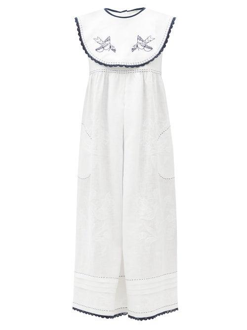 Matchesfashion.com Vita Kin - Heavenly Swallows Embroidered Linen Dress - Womens - White Navy