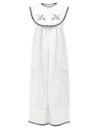 Matchesfashion.com Vita Kin - Heavenly Swallows Embroidered Linen Dress - Womens - White Navy