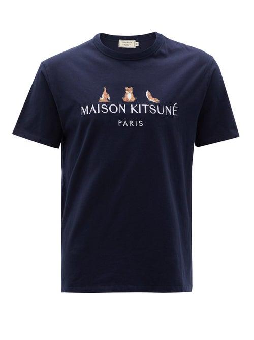 Matchesfashion.com Maison Kitsun - Yoga Fox Embroidered Cotton T-shirt - Mens - Navy