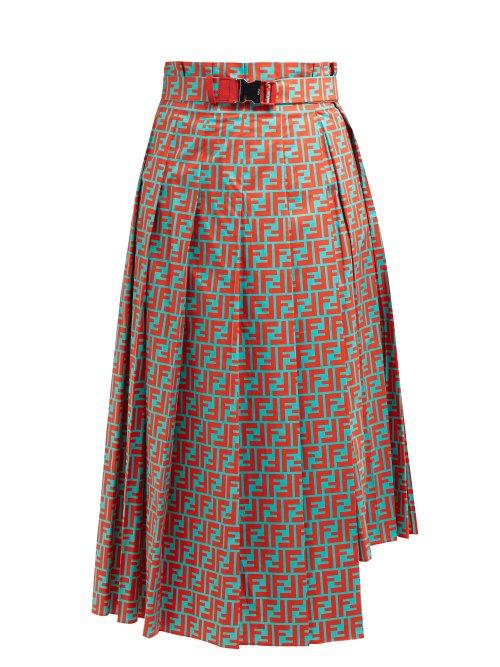Matchesfashion.com Fendi - Logo Print Asymmetric Pleated Cotton Midi Skirt - Womens - Blue Multi