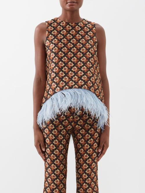 La Doublej - La Scala Feather-trim Jacquard Top - Womens - Black Multi