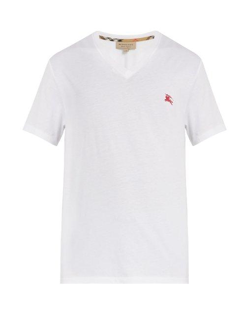 Matchesfashion.com Burberry - Logo Embroidered V Neck Cotton T Shirt - Mens - White