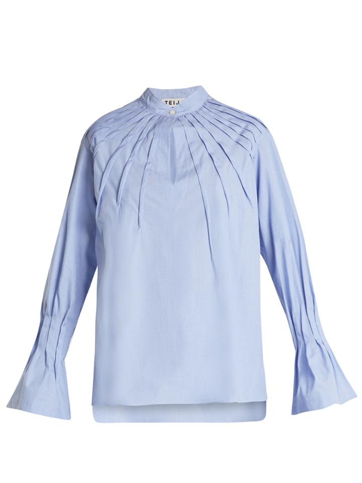 Teija Pintucked Bell-cuff Cotton Blouse