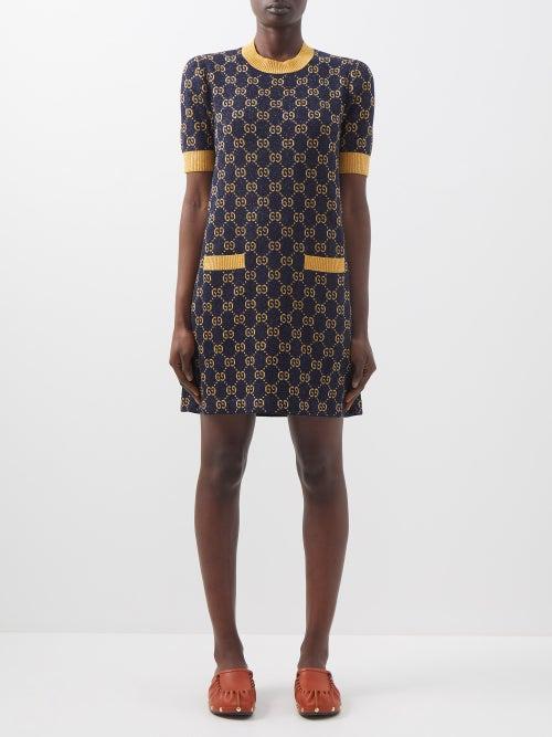 Gucci - Metallic Gg-jacquard Cotton-blend Mini Dress - Womens - Navy