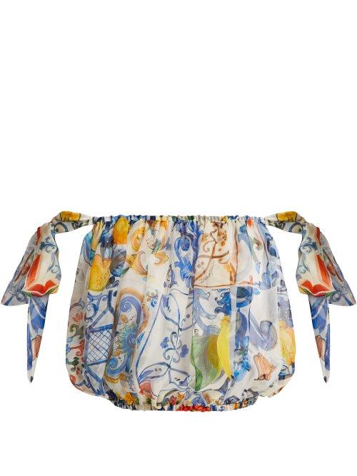 Matchesfashion.com Dolce & Gabbana - Majolica Print Silk Chiffon Off The Shoulder Top - Womens - White Print