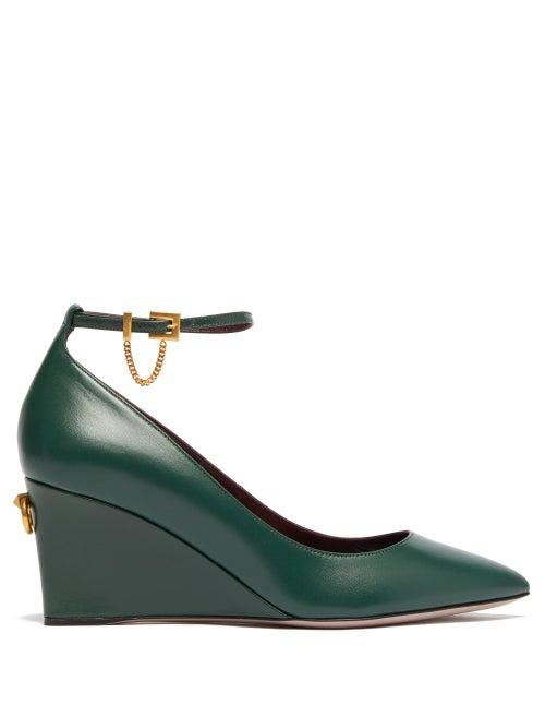 Matchesfashion.com Valentino - Ringstud Point Toe Leather Wedges - Womens - Dark Green