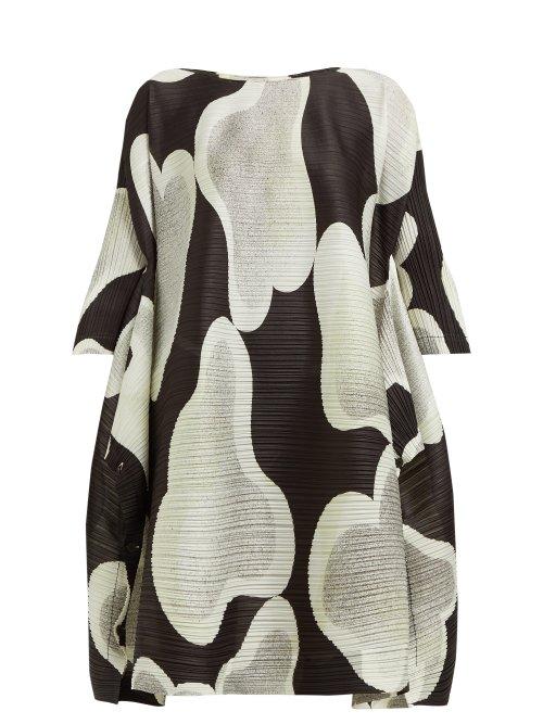Matchesfashion.com Pleats Please Issey Miyake - Melt Cloud Print Side Slit Pleated Dress - Womens - Black White