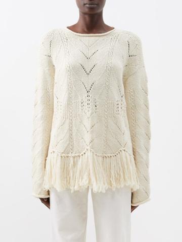 Fil De Vie - Mirabel Fringed Wool Sweater - Womens - Cream