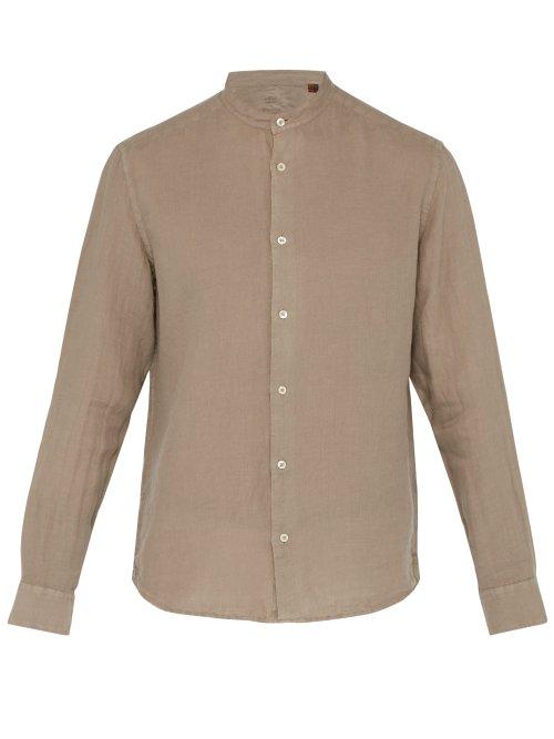 Matchesfashion.com Altea - Band Collar Linen Shirt - Mens - Light Brown
