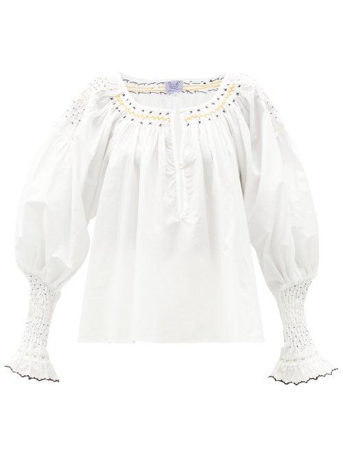 Matchesfashion.com Thierry Colson - Valeska Smocked Cotton Blouse - Womens - White / Ivory