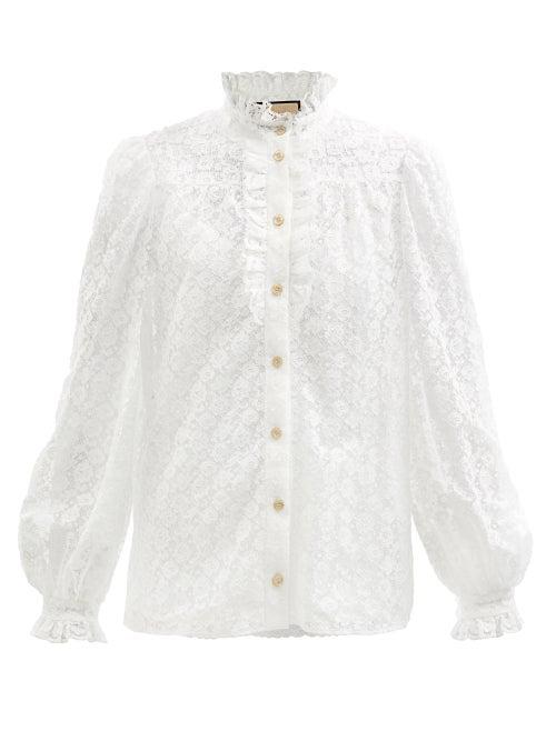 Gucci - Ruffled Cotton-blend Floral-lace Blouse - Womens - White
