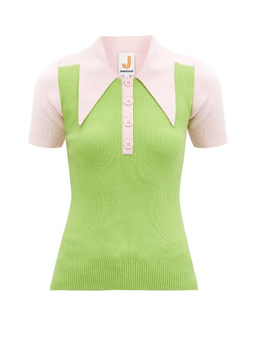 Matchesfashion.com Joostricot - Panelled Cotton-blend Peachskin Polo Shirt - Womens - Green Multi