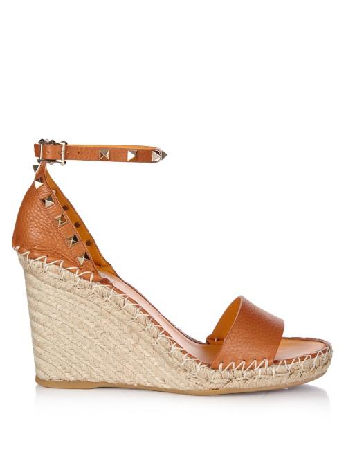 Valentino Rockstud Leather Espadrille Wedge Sandals
