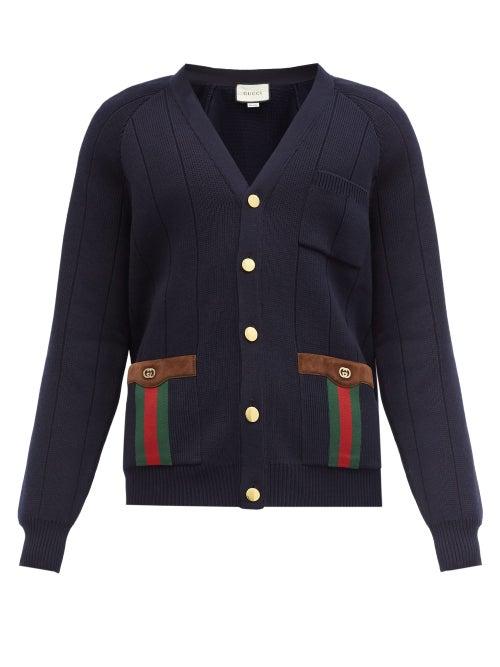Matchesfashion.com Gucci - Web-stripe Suede-trimmed Wool-blend Cardigan - Mens - Navy