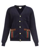 Matchesfashion.com Gucci - Web-stripe Suede-trimmed Wool-blend Cardigan - Mens - Navy