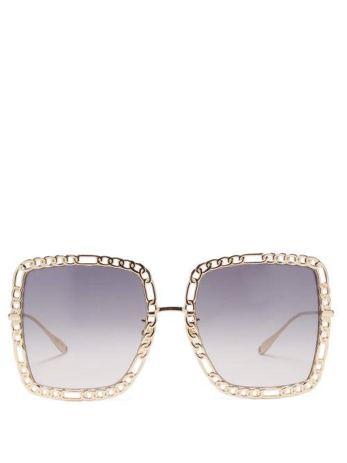 Gucci - Chain-embellished Oversized Square Sunglasses - Womens - Grey Gold