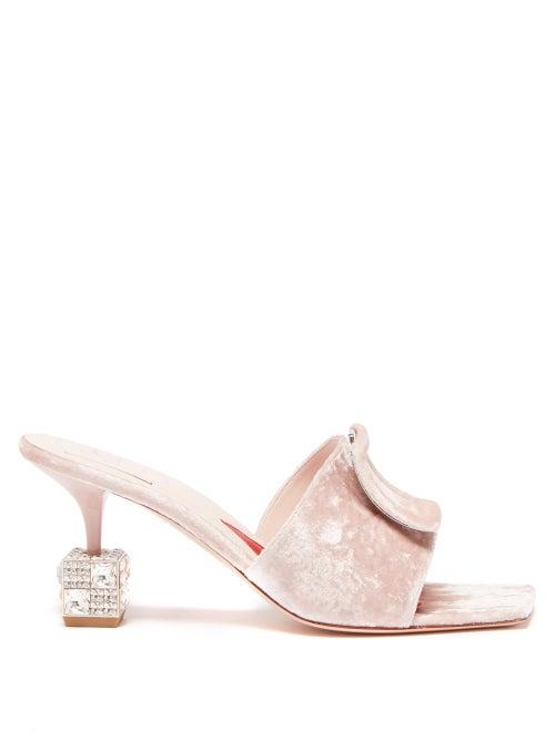 Roger Vivier - Cube Crystal-heel Velvet And Leather Mules - Womens - Light Pink