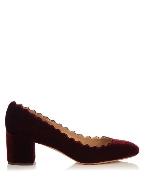Chloé Lauren Scallop-edged Block-heel Velvet Pumps