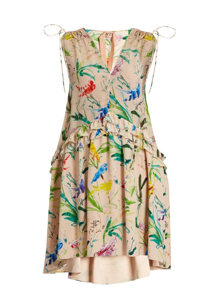 No. 21 Bird-print Silk-crepe Dress