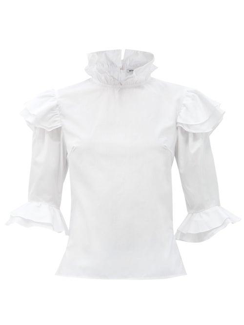 Matchesfashion.com Batsheva - Antoinette High-neck Ruffled Cotton Blouse - Womens - White