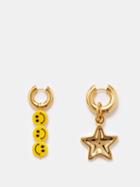 Timeless Pearly - Mismatched Smiley & Star Gold-plated Hoop Earrings - Womens - Yellow Multi