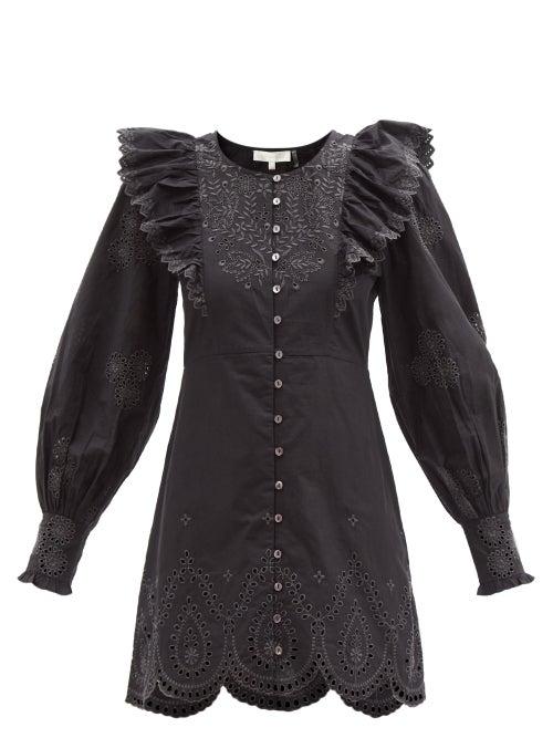 Loveshackfancy - Tullia Embroidered-cotton Mini Dress - Womens - Black