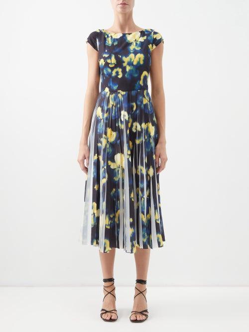 Jason Wu Collection - Floral-print Pleated-chiffon Midi Dress - Womens - Black Yellow