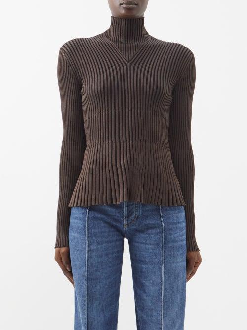 Bottega Veneta - Cutout-back Ribbed-jersey High-neck Sweater - Womens - Dark Brown
