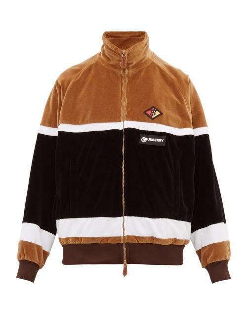 Matchesfashion.com Burberry - Logo Patch Zip Through Velour Track Jacket - Mens - Beige
