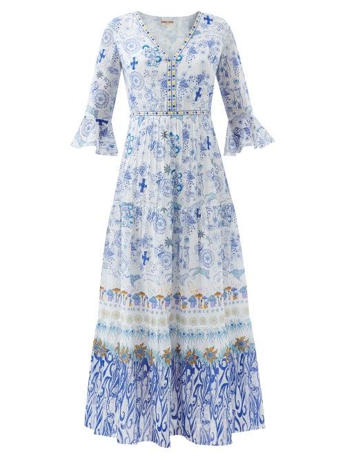 Emporio Sirenuse - Bella Printed Cotton-voile Midi Dress - Womens - Blue Print