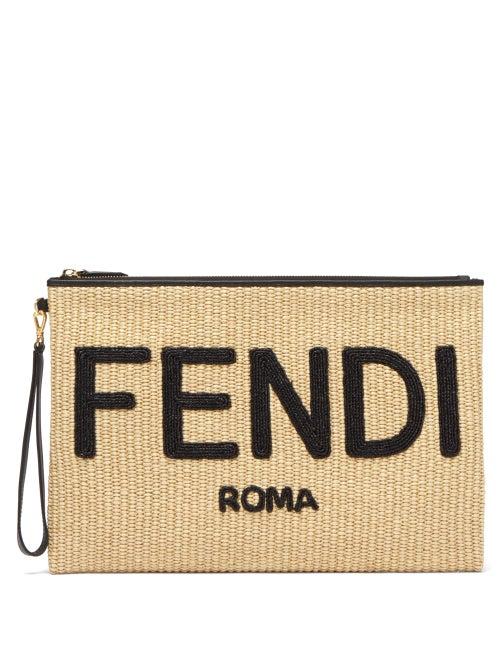 Ladies Bags Fendi - Logo-embroidered Raffia Pouch - Womens - Black Beige
