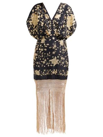 Matchesfashion.com Johanna Ortiz - Siglo De Las Luces Floral Embroidered Silk Dress - Womens - Black Gold