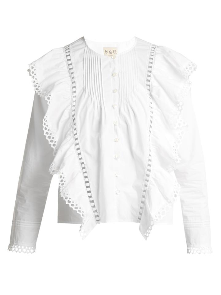 Sea Ruffled Macram Lace-trimmed Cotton Blouse