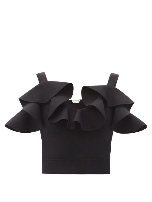Matchesfashion.com Alexander Mcqueen - Ruffled-shoulder Knitted Cropped Top - Womens - Black