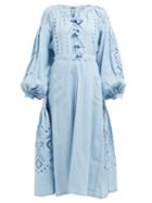 Matchesfashion.com Vita Kin - Broderie Anglaise Linen Midi Dress - Womens - Light Blue