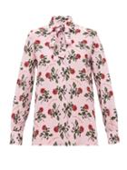 Matchesfashion.com Valentino - Rose And Slogan Print Silk Blouse - Womens - Pink