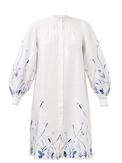 Thierry Colson - Yseult Floral-embroidered Linen Shirt Dress - Womens - Blue White