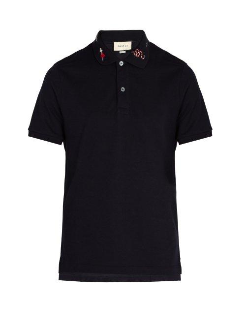 Matchesfashion.com Gucci - Embroidered Cotton Piqu Polo Shirt - Mens - Navy