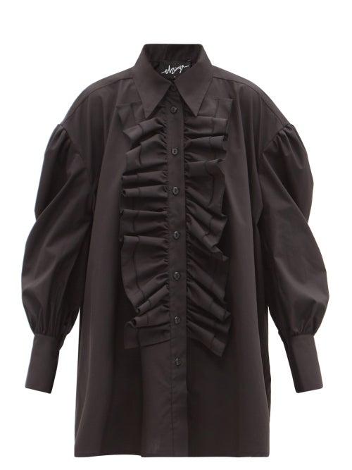 Matchesfashion.com Elzinga - Ruffled Cotton-blend Mini Shirt Dress - Womens - Black