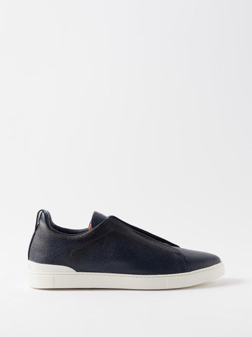Zegna - Triple Stitch Leather Trainers - Mens - Blue Navy