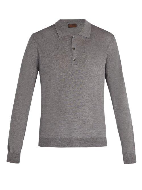 Matchesfashion.com Altea - Virgin Wool Blend Long Sleeved Polo Shirt - Mens - Grey