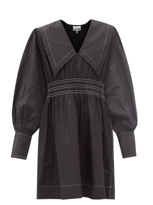 Ganni - Chelsea-collar Contrast-stitch Poplin Dress - Womens - Black