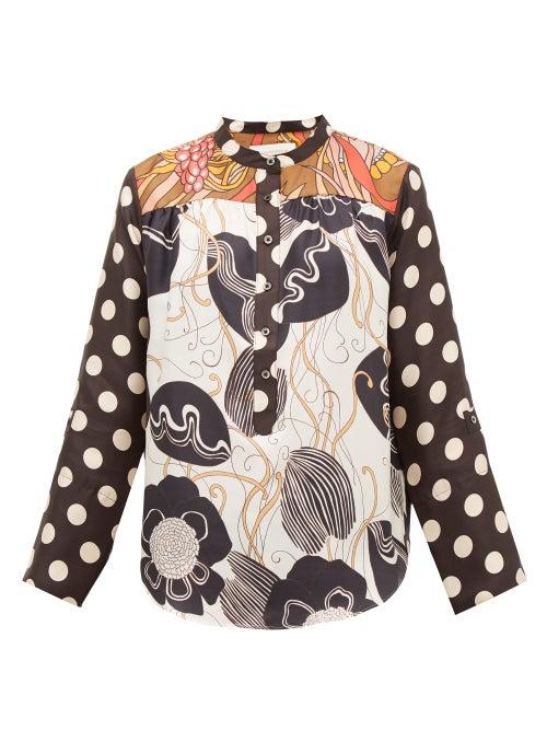 Matchesfashion.com La Prestic Ouiston - Romee Floral And Polka Dot Silk Twill Blouse - Womens - Black White