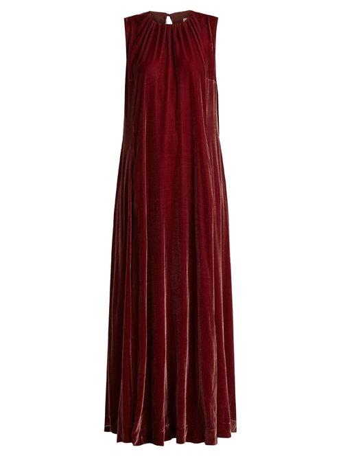 Matchesfashion.com Raey - Gathered Neck Velvet Maxi Dress - Womens - Dark Red